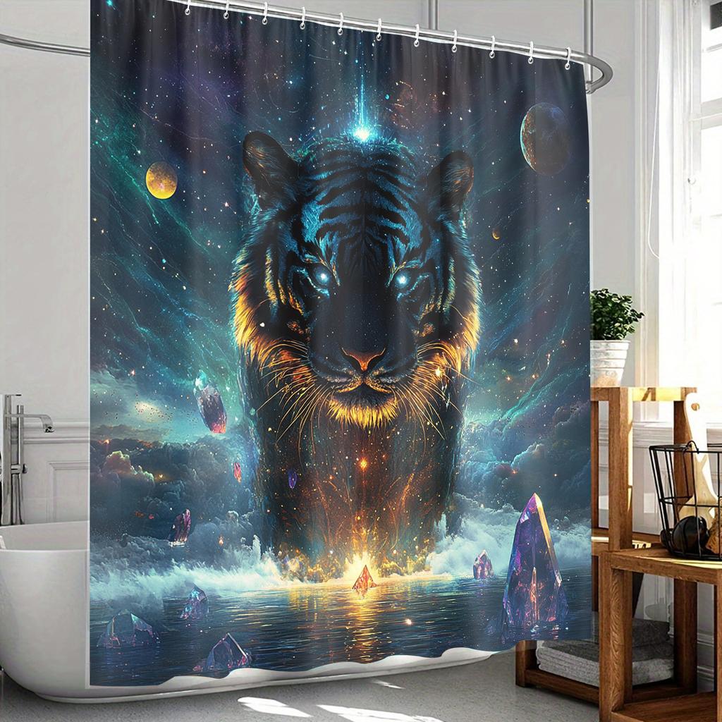 1Pc Exquisite And Fierce Tiger Themed Digital Printed Shower Curtain, Made Of Polyester Fabric With Hooks, Bathroom Accessories,