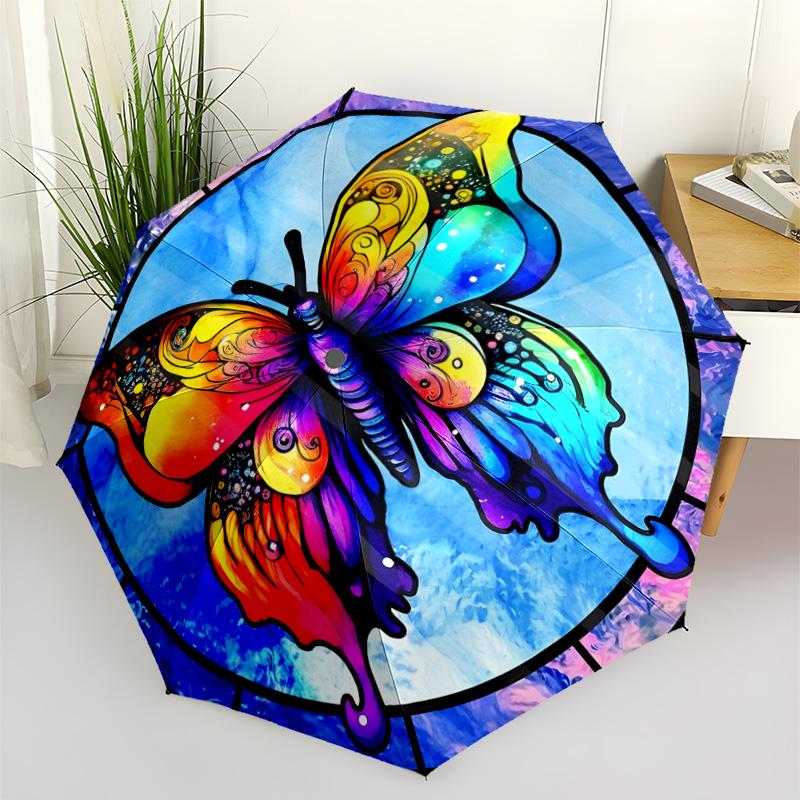 Colorful Butterfly Glass Portable Automatic Umbrella Sturdy 8-Rib Shaft Durable Plastic & Iron All-Season Travel Fashion Lovers Spiritual Gift