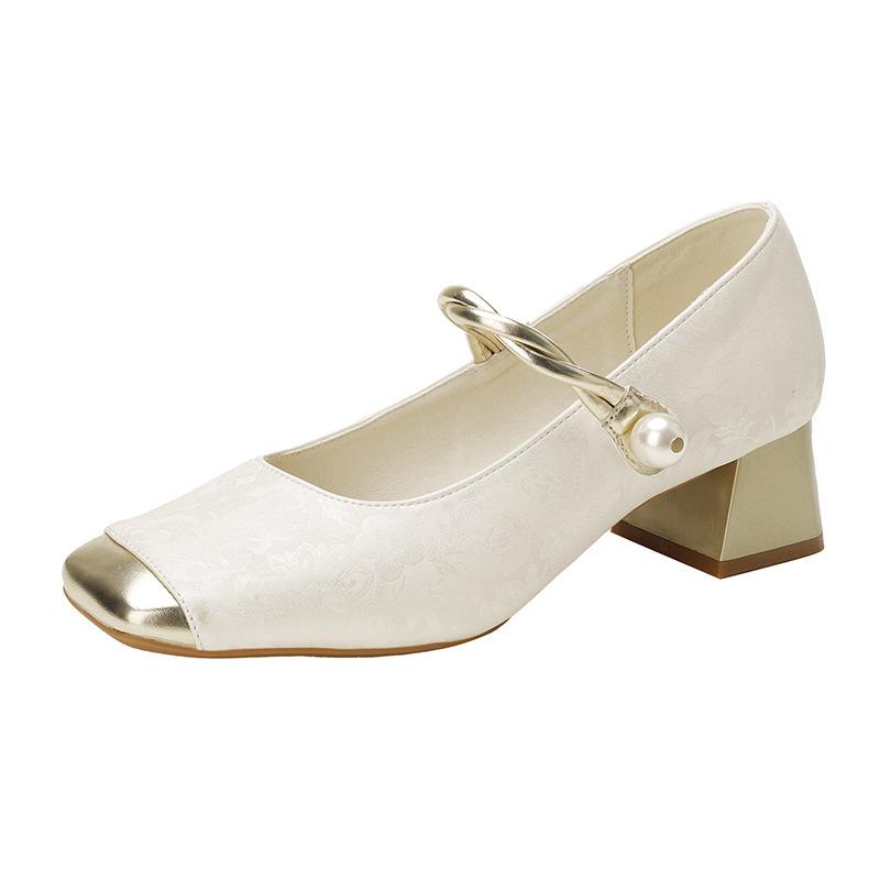 Mary Jane Square Head Single Shoes with Thick Heels 2025 Splicing Douyin Popular Single Shoes Women's Chinese Style