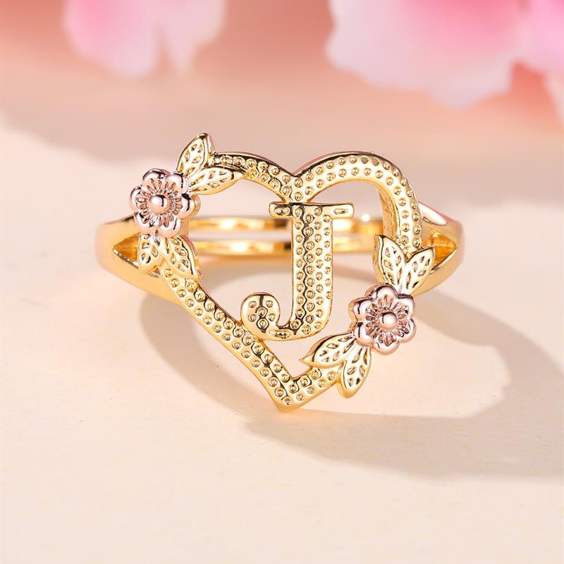 

Кольца с инициалами и цветком в форме сердца, регулируемые нежные кольца с буквами и листьями золотого цвета для женщин и девочек, ювелирные изделия с алфавитом J золотой