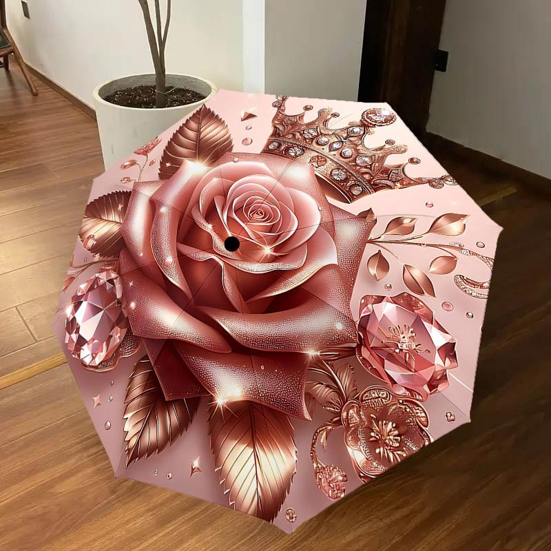1PC Crown Rose Umbrella-9-Rib Reinforced, Automatic Open, Lightweight & Durable, Cute Fashion Accessory for Outdoor-P0719