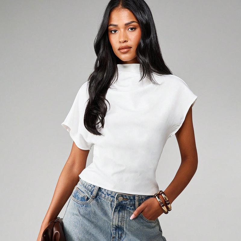 2026 Summer Women s Design Sense Round Neck Short-Sleeve T-shirt - Versatile Solid Color Loose Top Large белый