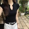 Pure cotton small V-neck short-sleeved T-shirt women's elastic, slim and thin running sports fitness cycling top summer