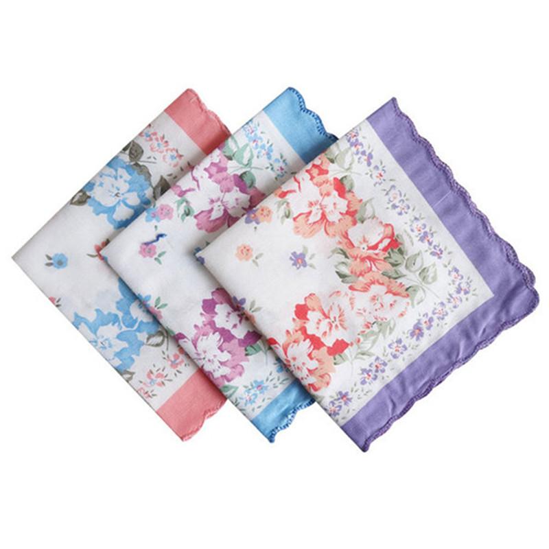 3Pcs 30x30cm Vintage Cotton Women Hankies Lace Flower Hanky Floral Assorted Cloth Ladies Scarf Pocket Hankerchief