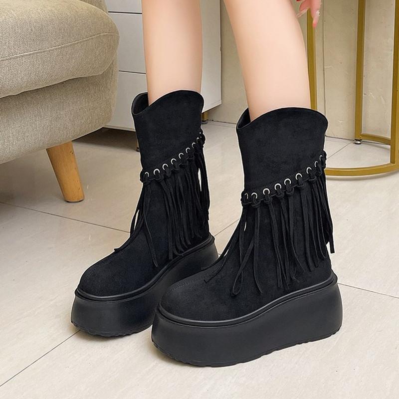 Stivali Donna Rialzanti con Plateau Stivali di Qualità in Scamosciato Stivali Casual Design alla Moda con Frange Stivale Stivale da Motociclista Botas Mujer