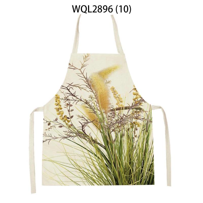 Plants Printed Kitchen Aprons Men Women Cooking Cleaning Aprons Wheat Flowers Pattern Linen Waist Apron Baking Accessories