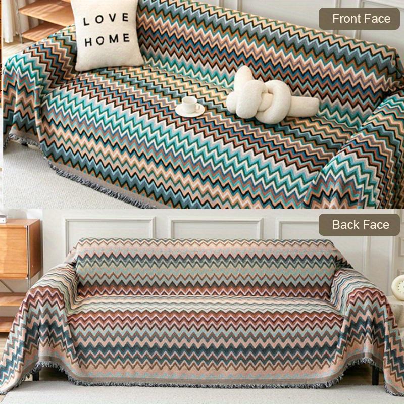 

1PC Ethnic Sofa Towel Wave Print Jacquard Sofa Blanket, With Tassels Four Seasons Universal Double Face Usable Home Decor S (70.87x51.18inch) синий