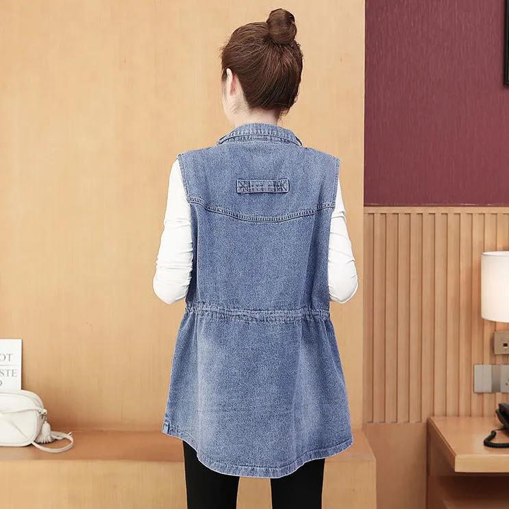 Veste Gilet en Denim Décontracté Coupe Ample pour Femmes Couleur Unie Tempérament, Vêtement d'Extérieur Mi-Long Style Rétro