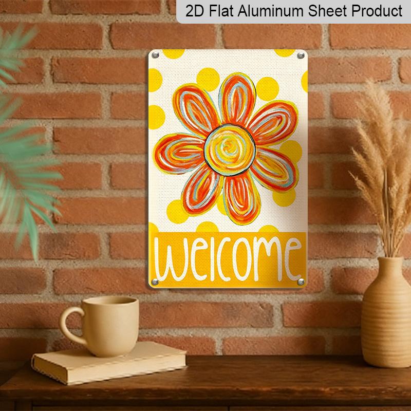 2D Flat, 1pc Colorful "Welcome" Flower Metal Wall Art Sign - 8*12 Inch Aluminium Boho Floral Decor, Polka Dot Orange Flower Plaque, Perfect for