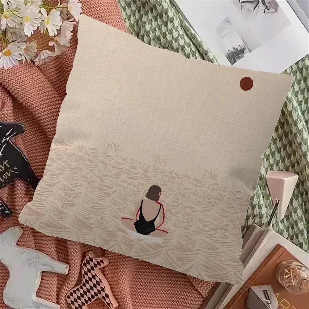Nordic Summer Woman Art Pillow Case 2D Flat Printed Peach Skin Cushion Cover Ocean Waves Decorative Throw Pillowcase For Sofa