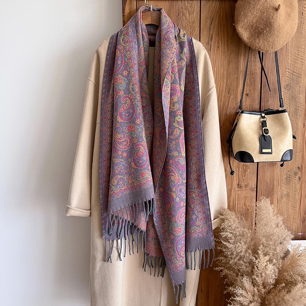 Modischer Warmer Kaschmirschal für den Winter - Damen-Fransen-Vintage-Blumen-Ölgemälde-Druck-Pashmina-Dicker Schal & Poncho