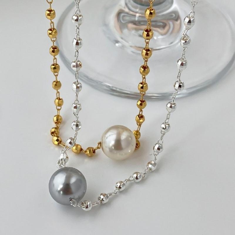 Gold Silver Beaded Pearl Pendant Necklace Set – Minimalist Dainty Jewelry for Women, Elegant Gift