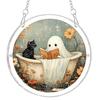 Durable Acrylic Halloween Suncatcher Jigsaw Puzzle Set, Spooky Ghost Floral Meadow Window Hanging Ornament with Metal Porch Decoration Frame & Chain,