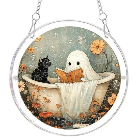 Durable Acrylic Halloween Suncatcher Jigsaw Puzzle Set, Spooky Ghost Floral Meadow Window Hanging Ornament with Metal Porch Decoration Frame & Chain,