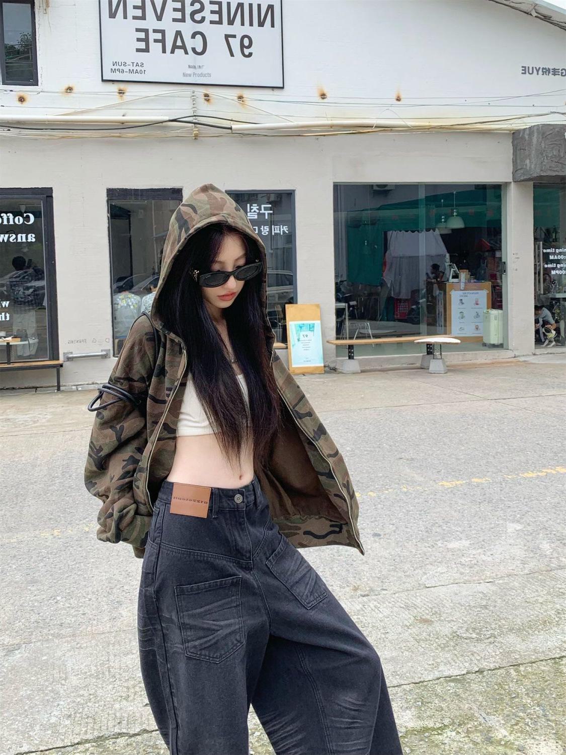 

Женская толстовка с капюшоном в стиле ретро-камуфляж осень 2024 г.: Повседневный, универсальный, свободный, облегающий, с застежкой-молнией M