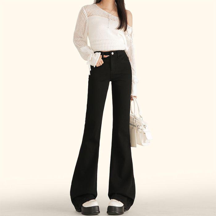 Women s Black Micro Flare Jeans, High Waist, Plus Velvet, Slimming, Pear Shape, Petite, Plus Size – Autumn/Winter 2024 Collection Medium