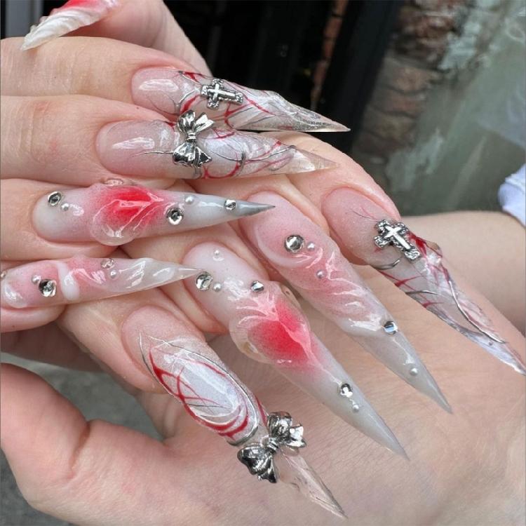 Long Stilettos Almond Press on Nail Bows Rhinestones Glues on Nail French Fake Nail Designs False Nail Artificial Nail