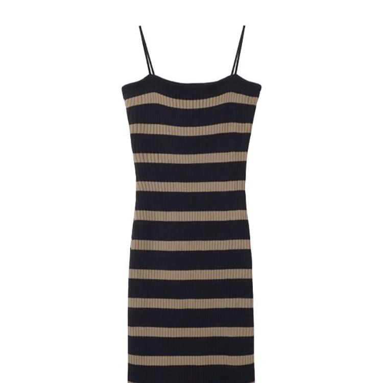Summer striped knitted suspender dress women's temperament slim-fitting royal sister hip skirt light and mature wind medium and long skirt