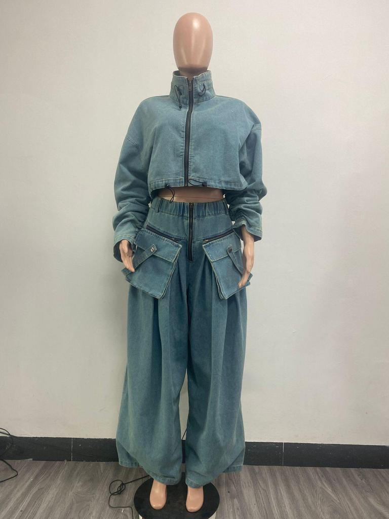 Two-Piece Retro Denim Workwear Set: Wide-Leg Trousers & Short Jacket for Women