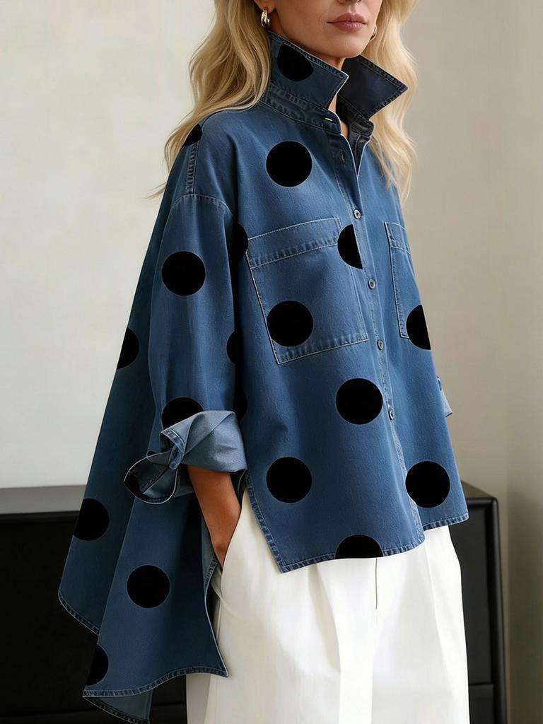 European and American cross-border 2026 printed imitation denim stand-up collar casual shirt