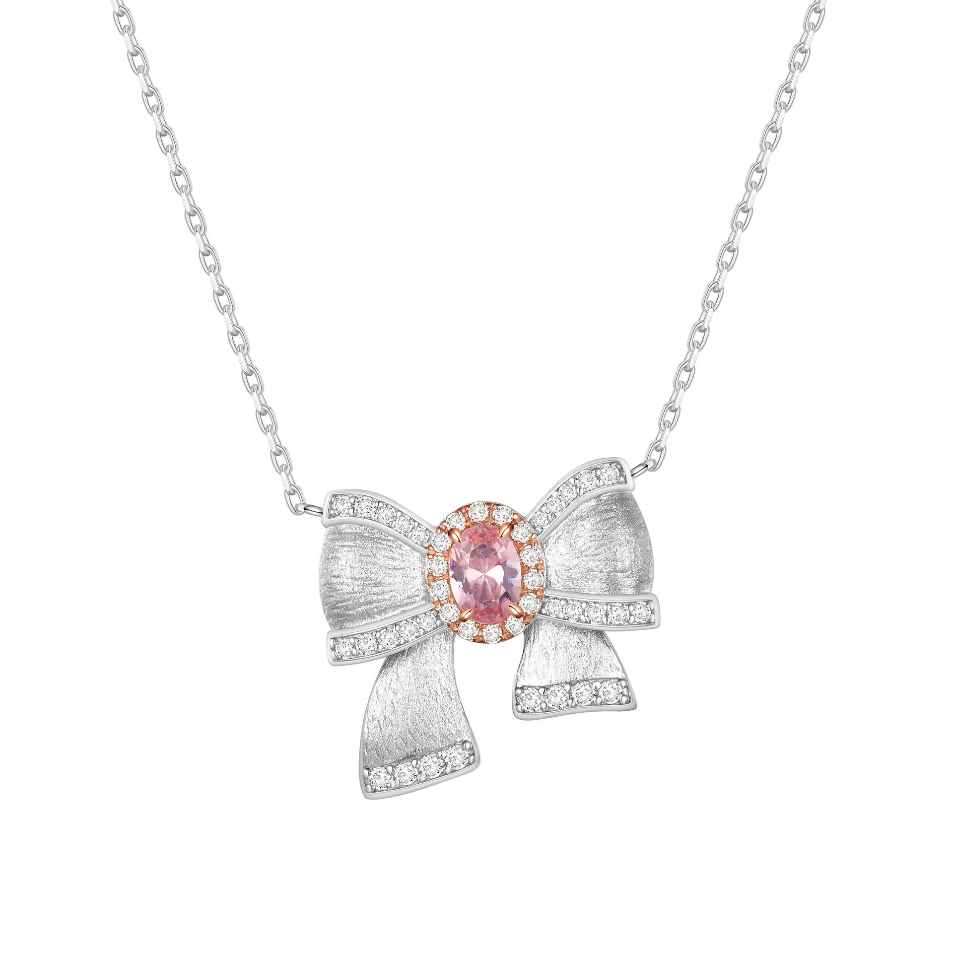 

Red Elk Pink Diamond Bow Necklace: 3D Brushed s925 Sterling Silver, Perfect Christmas Gift for Women Sterling Silver 925 белый