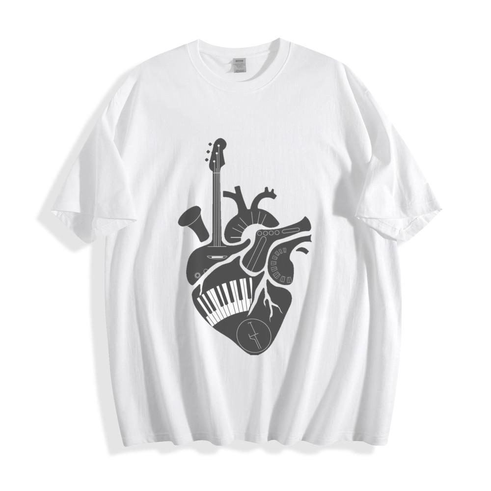 Musical Symphony Instrument Fusion T-Shirt - Vibrant Piano and Guitar Design Tee