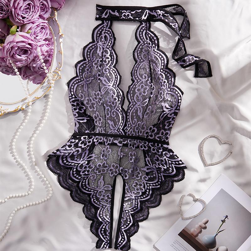 Backless Temptation Transparent Women Open Crotch Pajamas Exotic Deep V Hollow Bodysuit Crotchless Sexy Lingerie Erotic Costumes