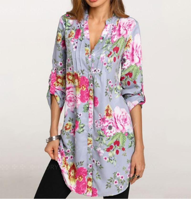 Elegant Bb Women Floral Print V-neck Big Size Tops Tunic For All Seasons