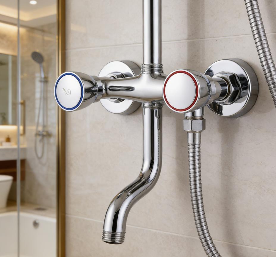 1PC Shower Faucet 4-Point Pipe Connection Copper Dual Handle Shower Mixer Tap Wall Mounted Hot Cold Water Bath Faucet Parts