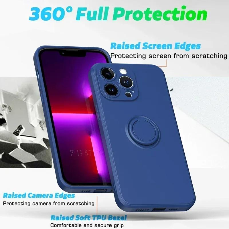 Liquid Silicone Case For 17 16 16e 15 13 Mini 14 12 11 Pro Max Plus Phone Holder Ring Stand Protect Cover Wrist Strap