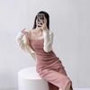 Temperament Spring and Summer New Folded French Pink Dress Waist High Sense Skinny Split Suspender Long Dress
