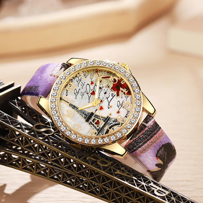Snake Print Leather Belt Women's Watch with Eiffel Tower Design and Diamond Numerals