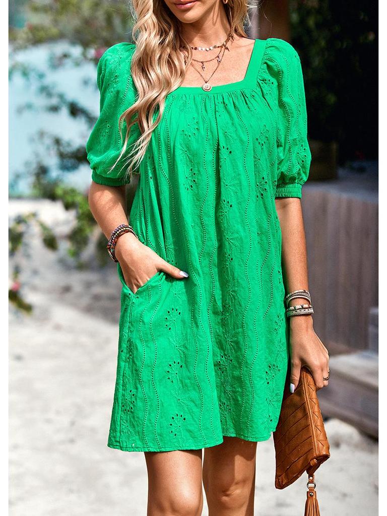 Diyun 2023 Summer European & American Solid Color Square Neck Jacquard Short Dress for Women - Elegant & Hollow Design