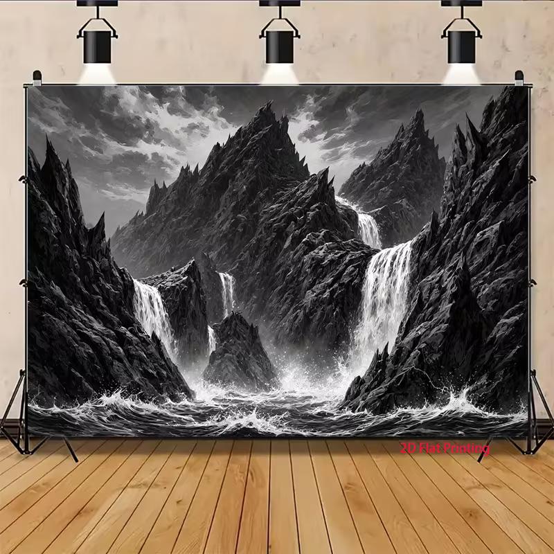 2D Black White Mountain Waterfall Backdrop, Grayscale Nature Photography Background