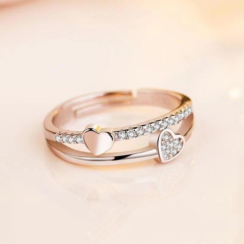 Fashion Ladies Crystal Love Heart Adjustable Open Rings Jewelry