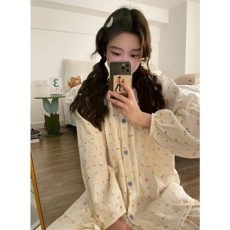 Women's Pajamas New Autumn Spring Long Sleeve Soft Sleepwear Set Grid Cartoon Pyjama Woman Home Nightwear Set Cardigan