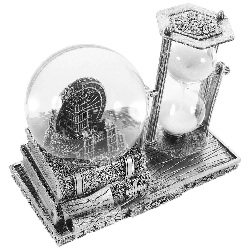 Vintage Resin Sand Clock Desktop Decor with Crystal Snow Globe Design Retro Hourglass Ornament for Office Home Living Room Table