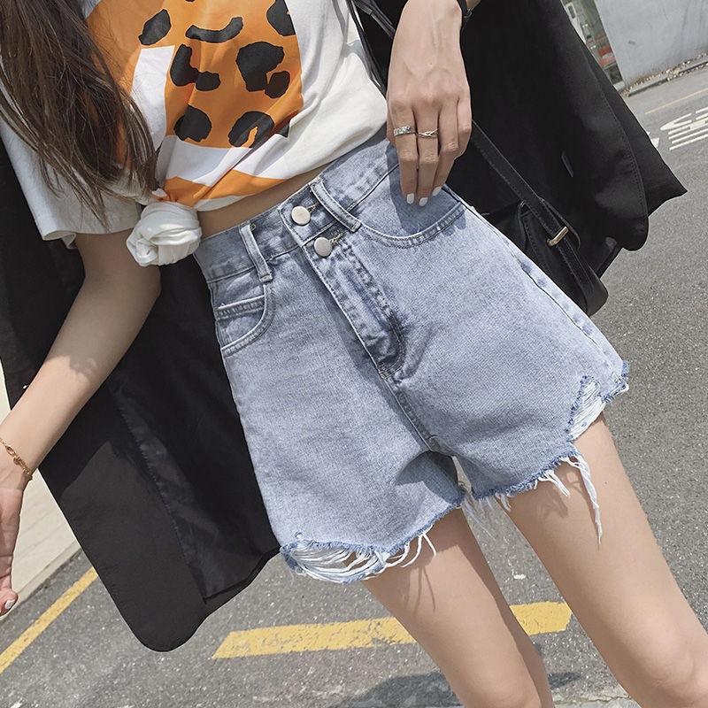 Pants Classic and Minimalist Fashion Versatile Summer High-waisted Women's Broken Holes Thin A-line Wide-leg Loose Sub Denim Shorts Individuality