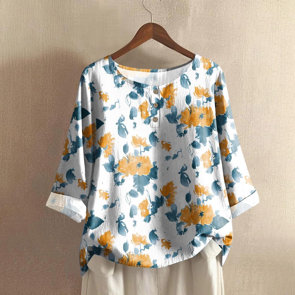 Women's Casual Three-quarter Sleeve Round Neck Gradient Color Printed Cotton And Linen Top