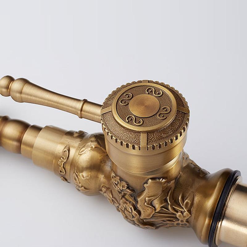 Antique Brass Basin Faucet Single Handle Mixer Tap Carving Design Rotatable Spout for Bathroom Vessel Sink