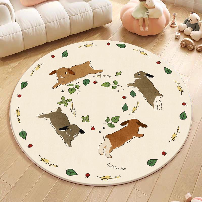 Cartoon Animal Faux Cashmere Rug - Cute Round Bedside Mat for Bedroom, Living Room, or Children's Playroom