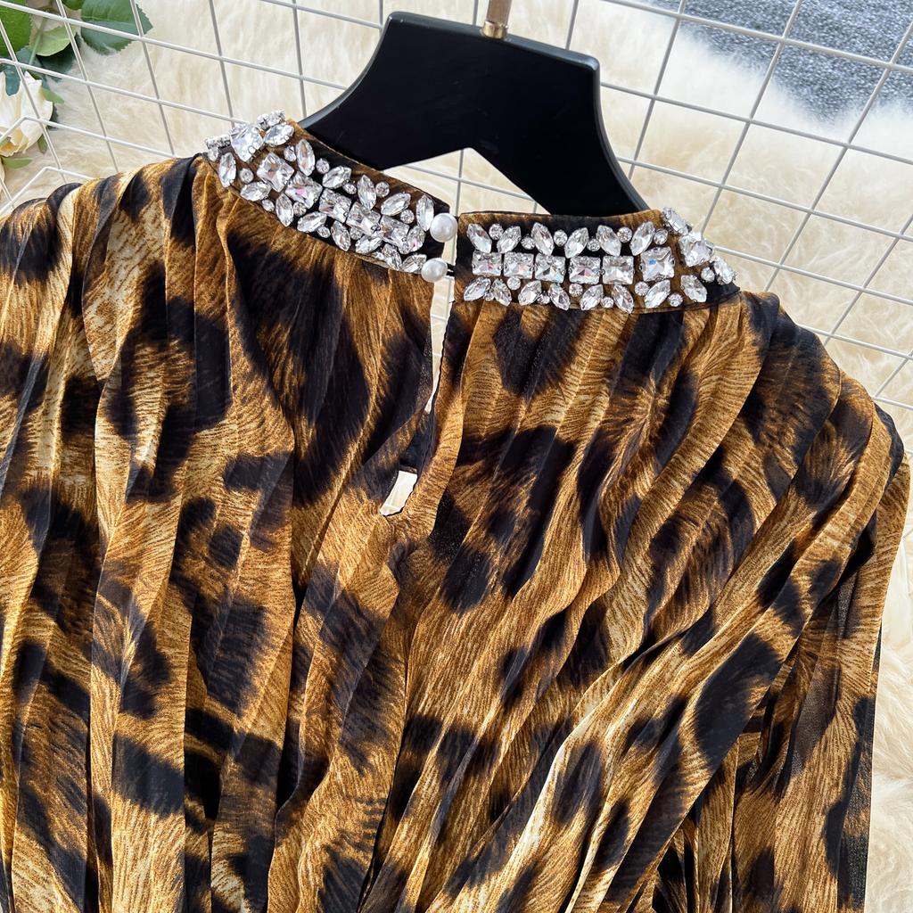 Szykowna vintage seksowna sukienka z długim rękawem w panterkę w kształcie litery A Moda moda koreańska Wyszczuplająca letnia Eleganckie sukienki