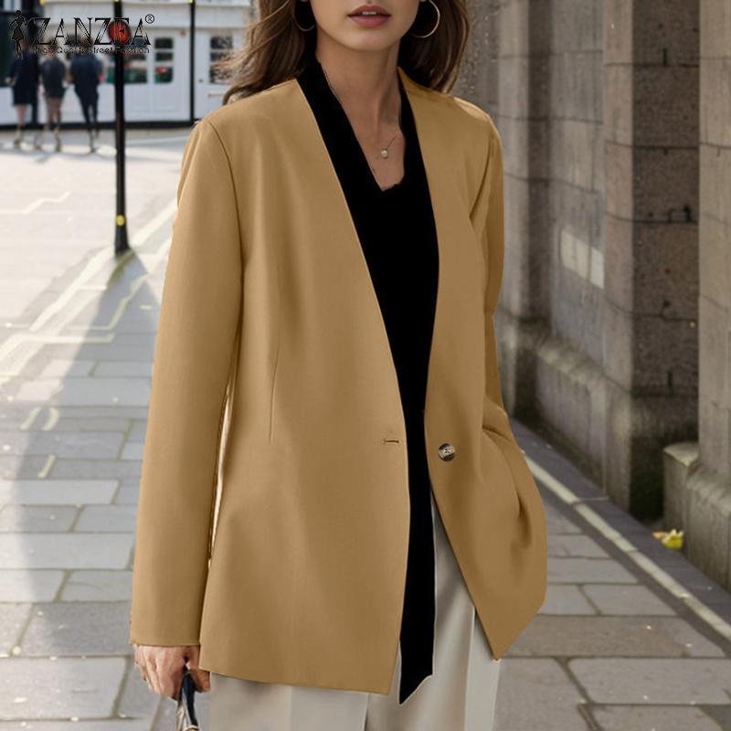ZANZEA Women Autumn V-Neck Solid Color Long Sleeve Cardigan Suit Jackets