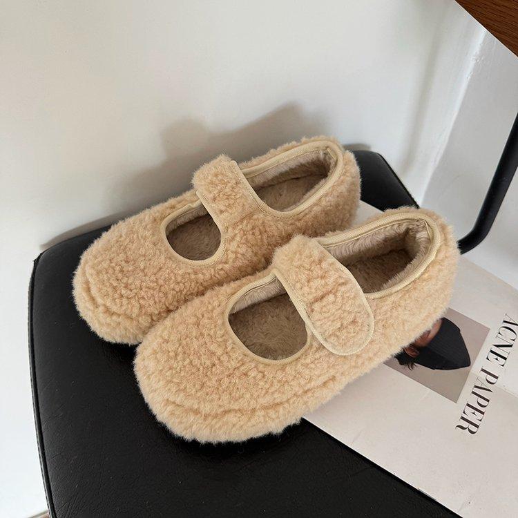 2025 winter Velcro French velvet warm bread shoes women's one-pedal fluffy single shoes women's Boken cotton shoes