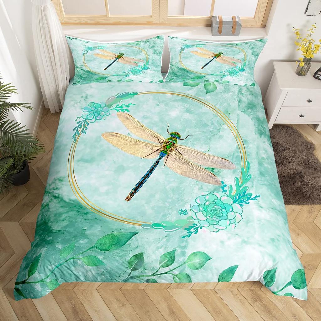 Boho Dragonfly King Queen Duvet Cover Cute Flower Love Heart Bedding Set Watercolor Floral Rustic Style Polyester Quilt Cover