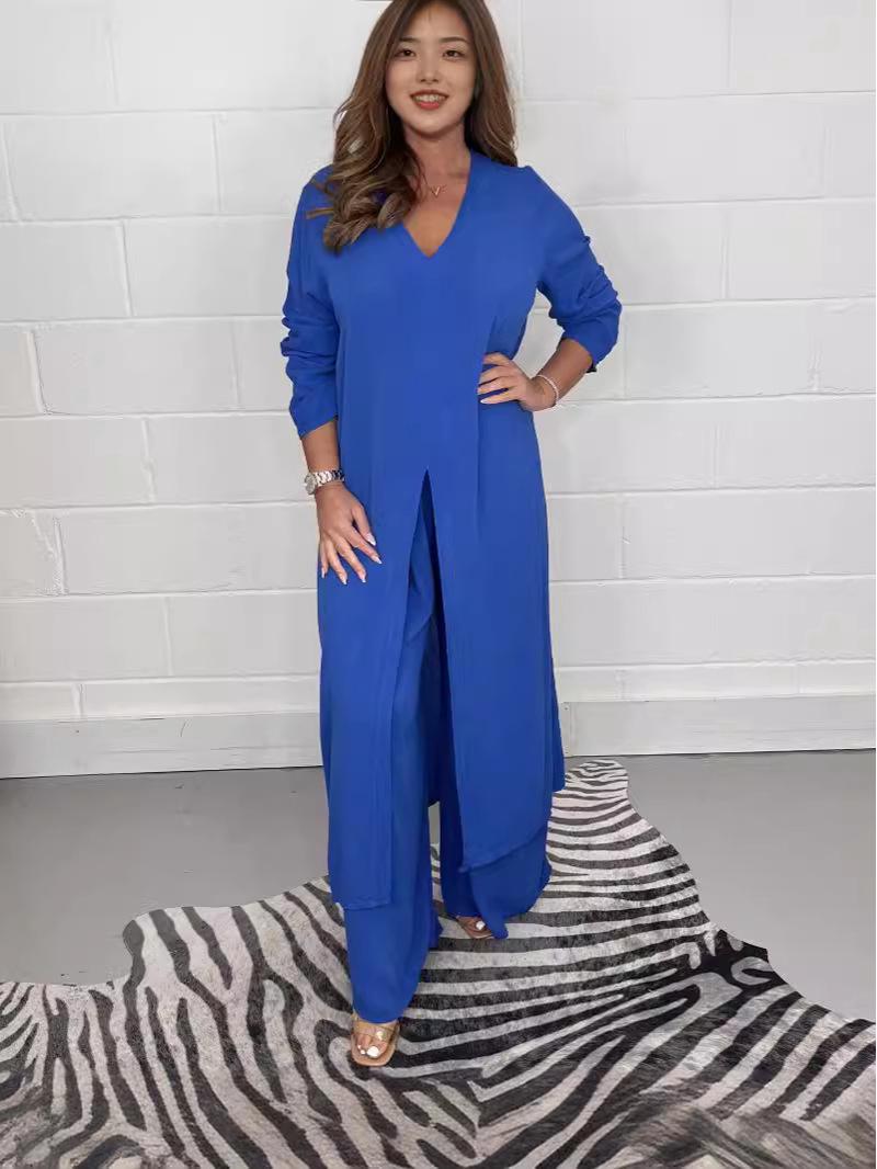 2024 Элегантный европейский и американский женский комплект из длинного топа с разрезом и брюк XL синий