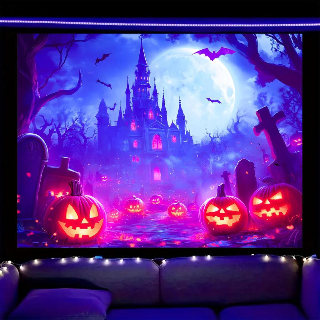 Nuxovilar UV Reactive Tapestry Flaming Scarecrow Pumpkin Scene BlackLight Tapestries Cool UV Black Light Halloween Horror Tapest