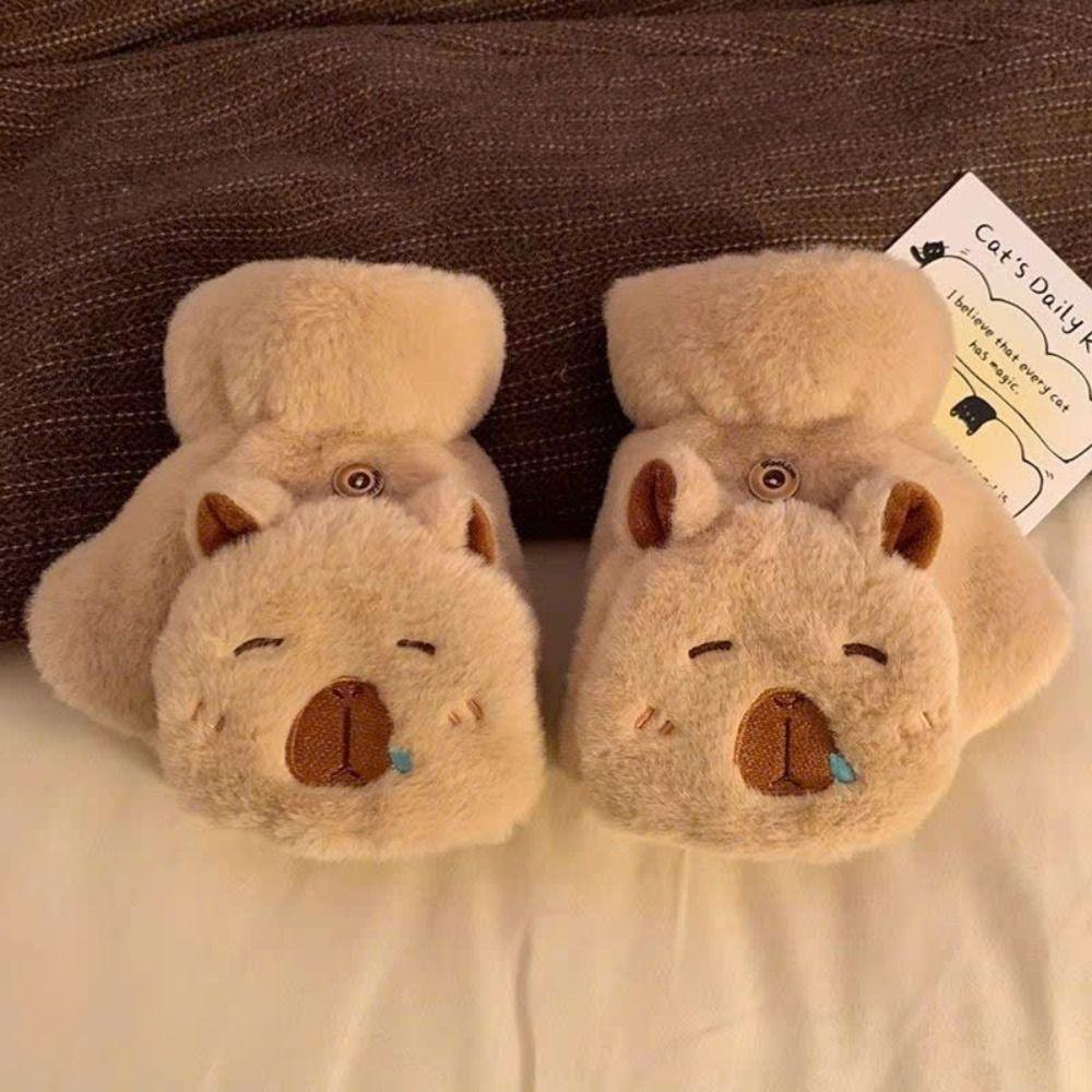 Capybara Gloves Half Finger Winter Velvet Gloves Fashion Plush Gloves  Ladies