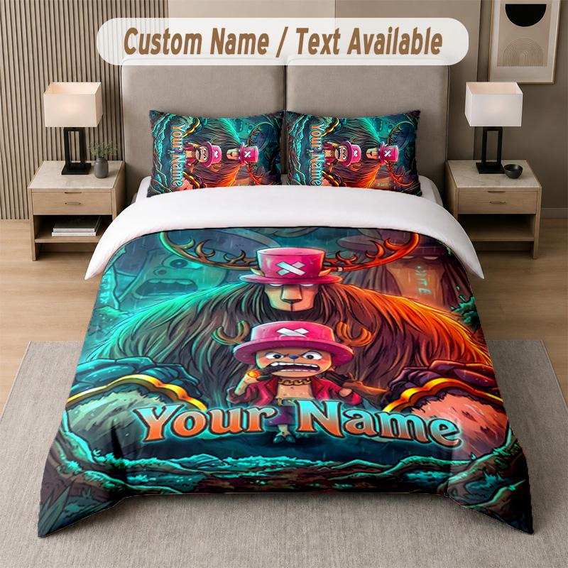 One Piece 3Pcs Bedding Set, Personalized Custom Name Text, 1 Duvet Cover & 2 Pillowcases For Bedroom