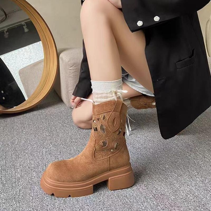 Fashion Retro Round Toe Hollow Women's Half High Boots Comfortable and Elegant Chic Sale New Rock Cosplay 2025 Y2k Ladies Mid Calf Shoes